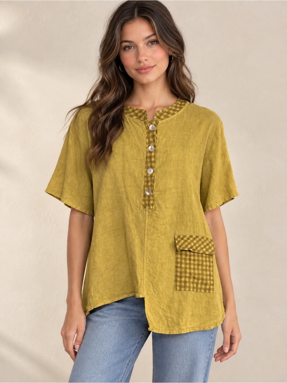 Made in Italy Linen Olive Short-Sleeve Henley Tunic Top With Gingham Pocket